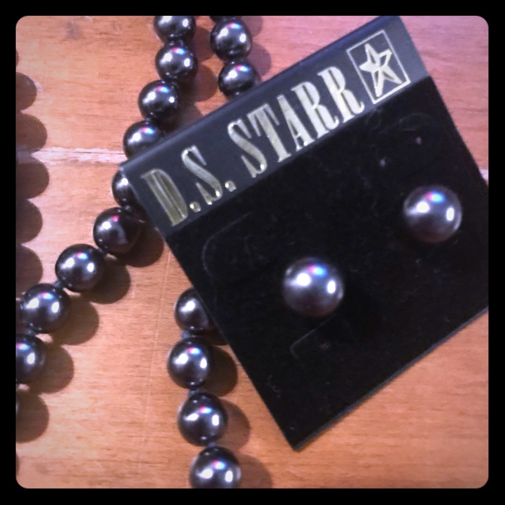 Black pearl necklace set stud earrings new
